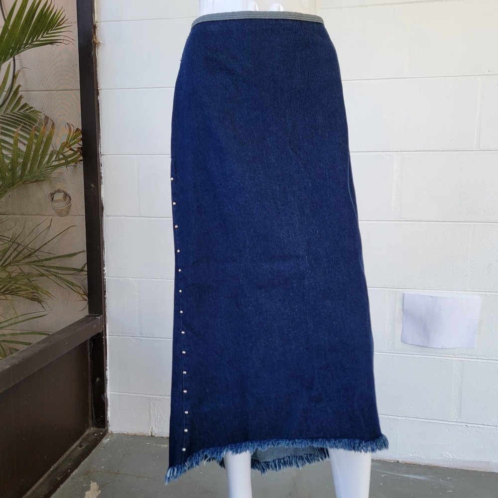 VINTAGE 90s Navy Denim Midi Skirt with Frayed Hem Studs Junior Women Size 3